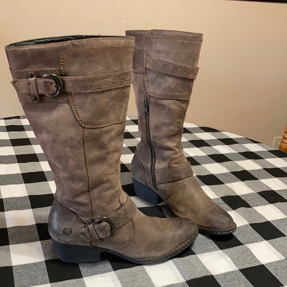 BORN TALL LEATHER BOOTS BROWN BIKER BUCKLE HEEL 7.5 ZIPPER SUEDE